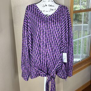 Liz Claiborne Shirt Womens 3X Bright Violet Geo V-Neck Tie Front‎ Long Sleeve